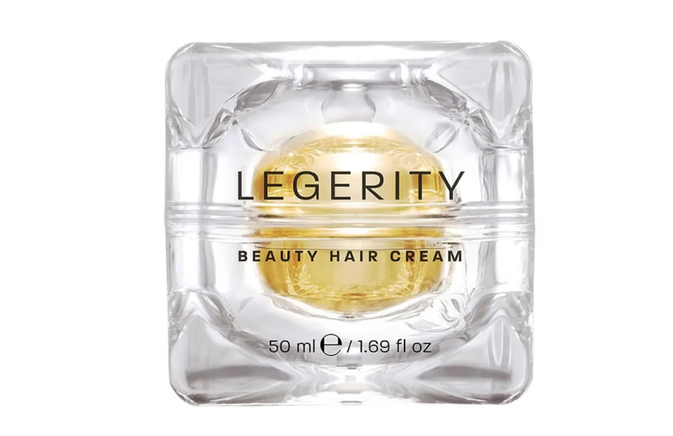 Bote de cristal modelado transparente de crema Legerity Beauty Hair Cream