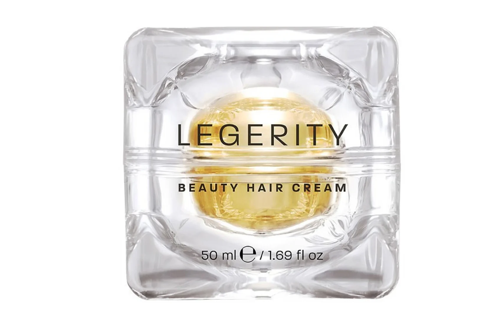 Bote de cristal transparente modelado y contenido de crema Legerity Beauty Hair Cream